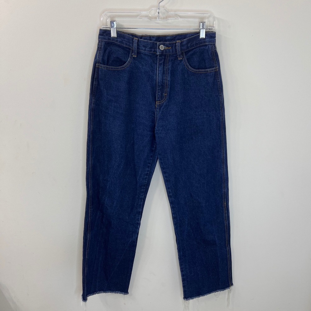 J Galt Women's High Rise Straight Leg Raw Hem Dark Wash Denim Jeans Size Large